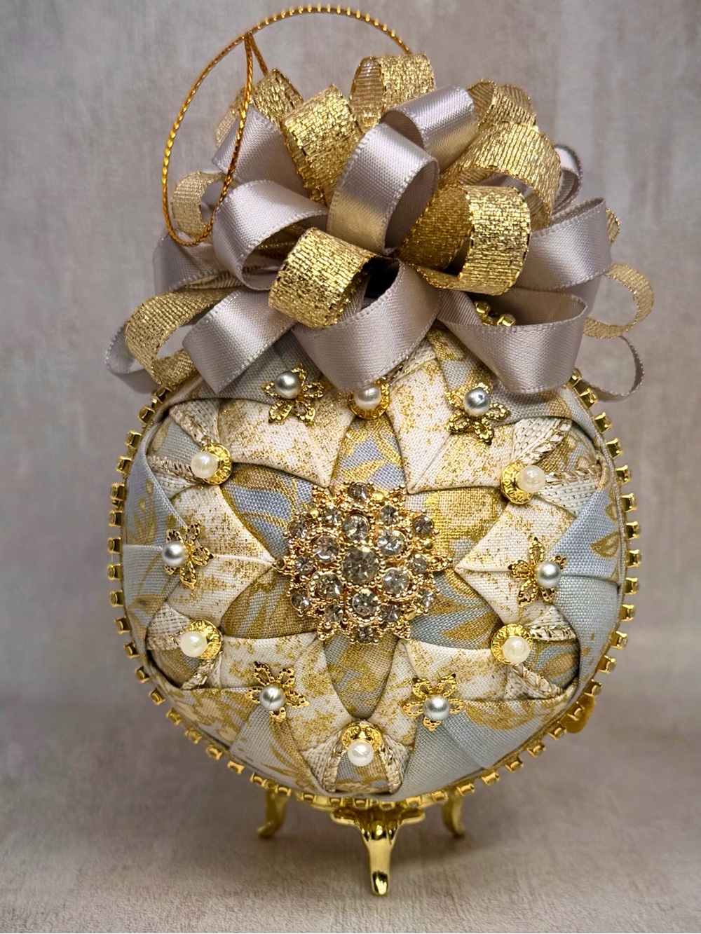 Gold and Cream Jeweled Holiday Ornament with Ribbon Bow